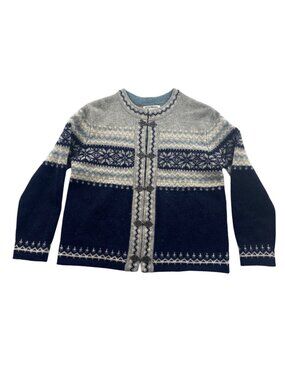 Susan Bristol Womens Nordic Cardigan Sweater Small Blue Fair Isle 100% Wool
